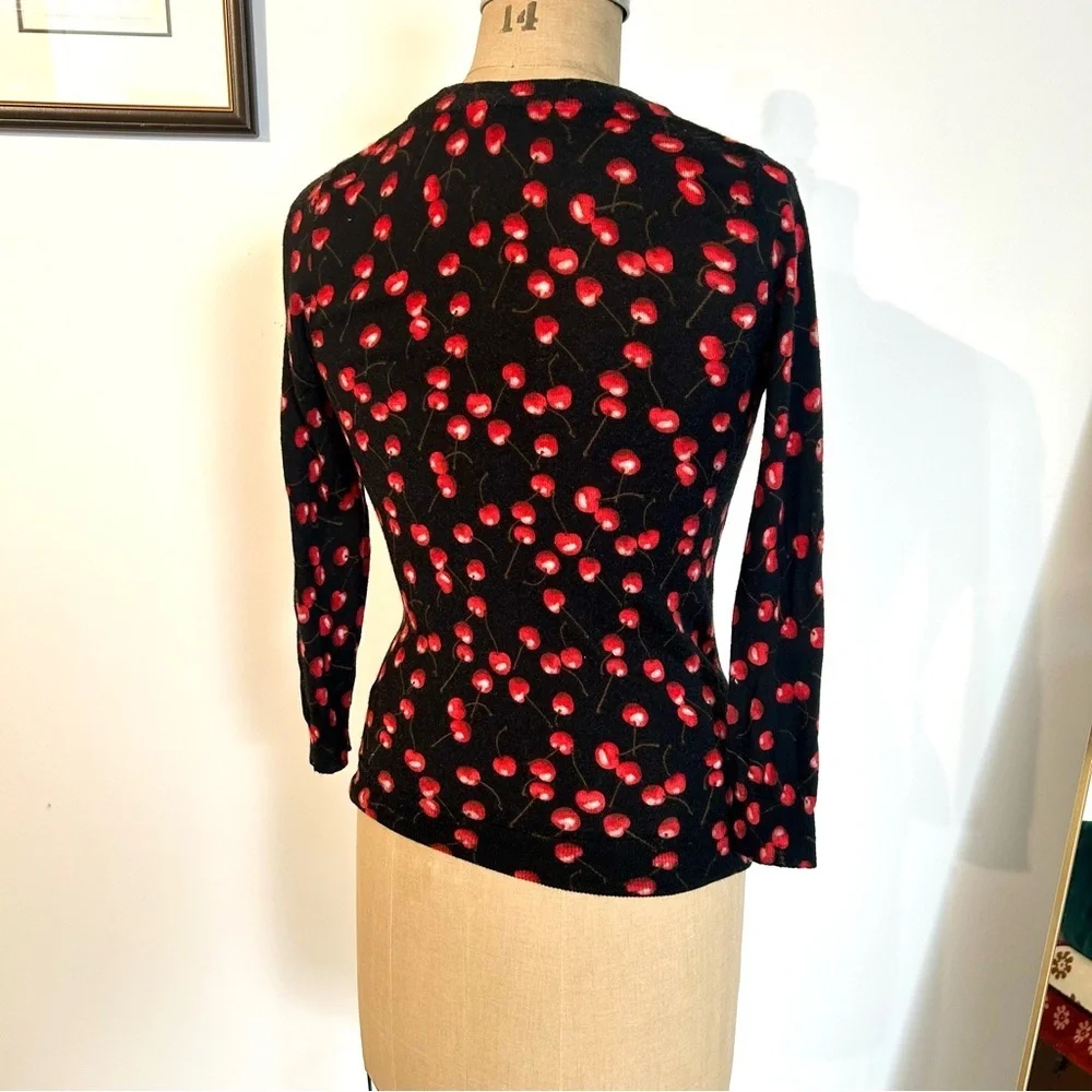 J. Crew Black and Red Cherry Print Tippi 3/4 Sleeve Crew Neck Sweater S